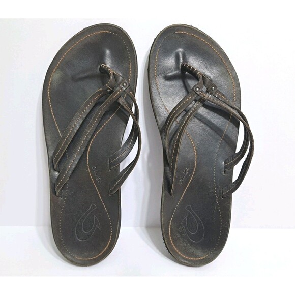 Olukai Womens Size 8 “U’i” Sahara Black Leather Double Strap Sandal Flip Flops - Picture 6 of 6